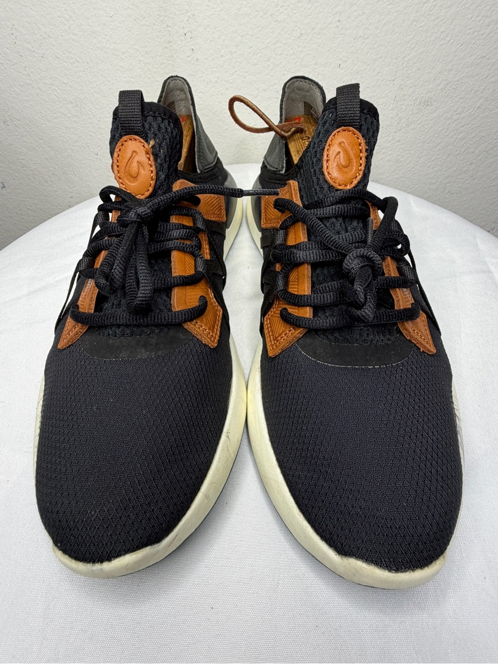 OluKai Men's Black Knit Sneakers with Tan Leather Accents